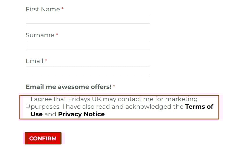 TGI Fridays GDPR consent form