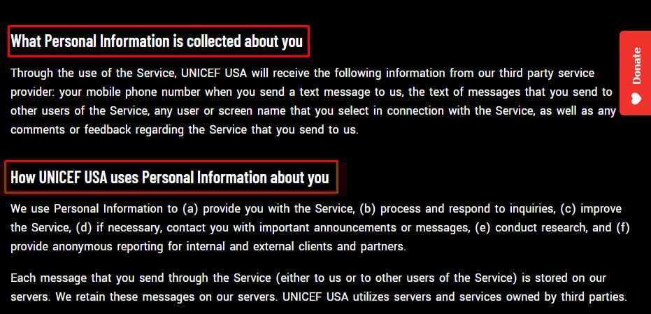 UNICEF Privacy Statement excerpt