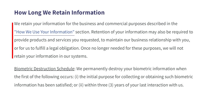 Walgreens Privacy Policy: Data retention clause
