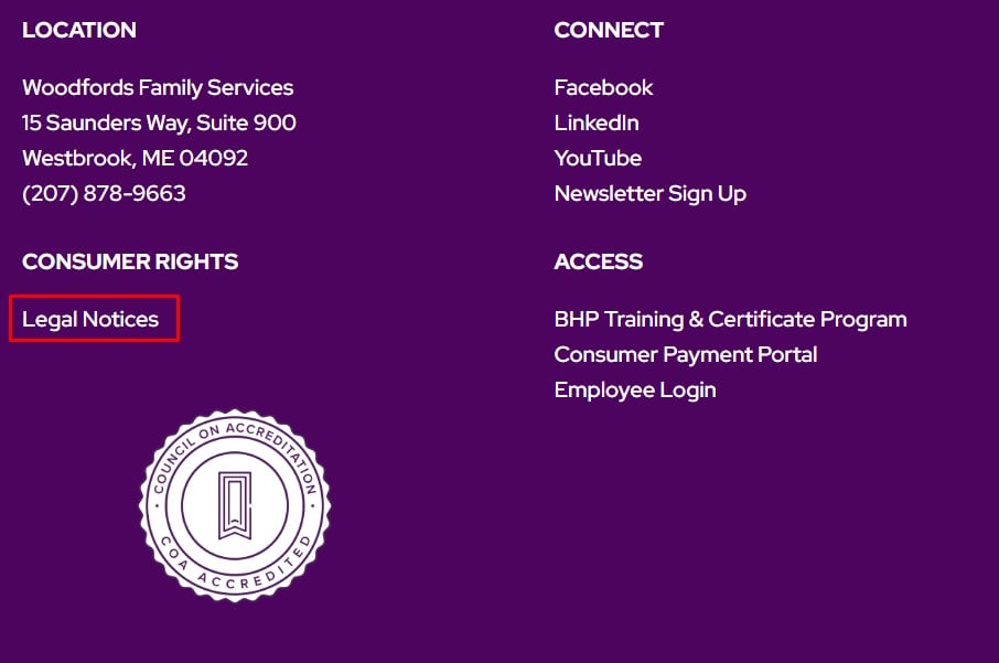 Woodfords website footer with legal notices link highlighted