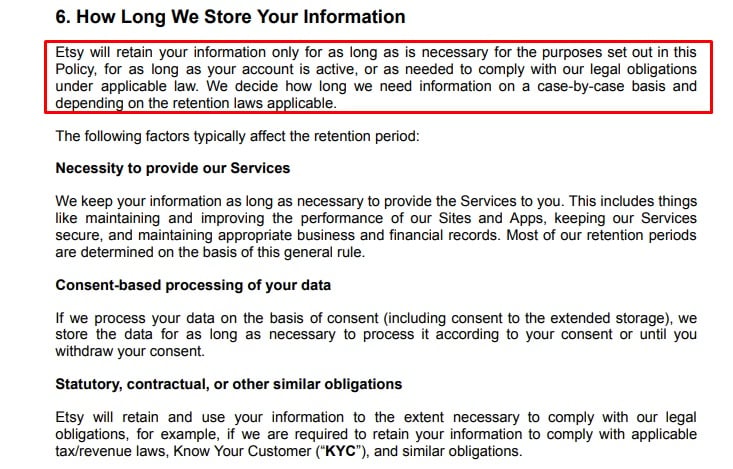 Etsy Privacy Policy: How long we store your information clause
