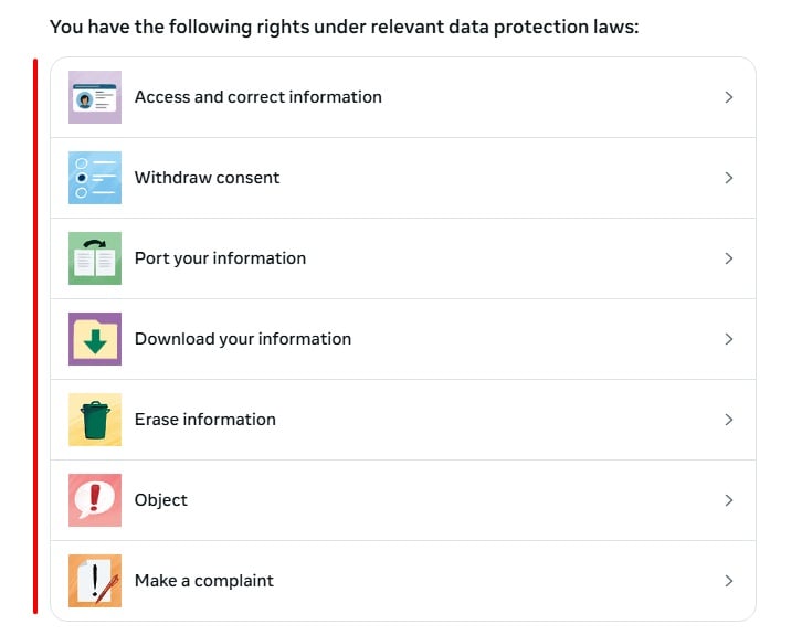 Instagram Privacy Center: User rights menu