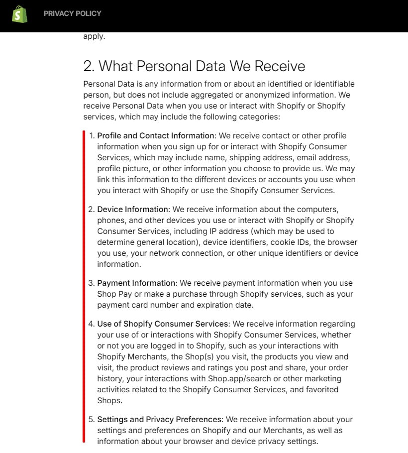 Shopify Privacy Policy: What Personal Data We Receive clause
