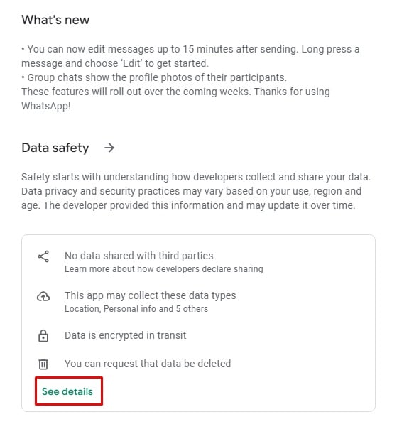 WhatsApp Android App Store listing with Details link highlighted