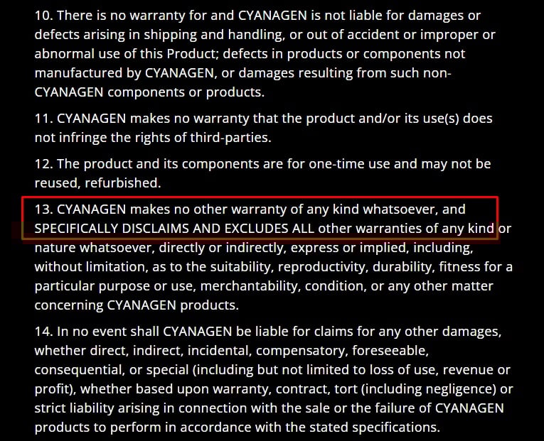 Cyanagen Warranty Disclaimer