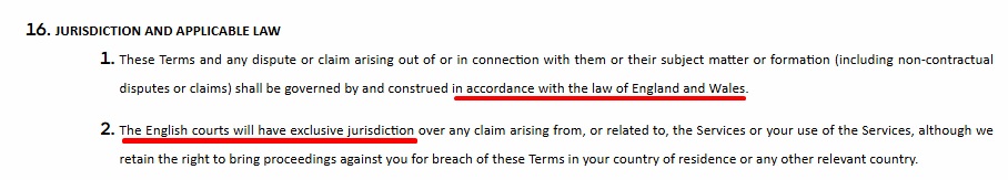 Dovetail Games Terms and Conditions: Jurisdiction and applicable law clause