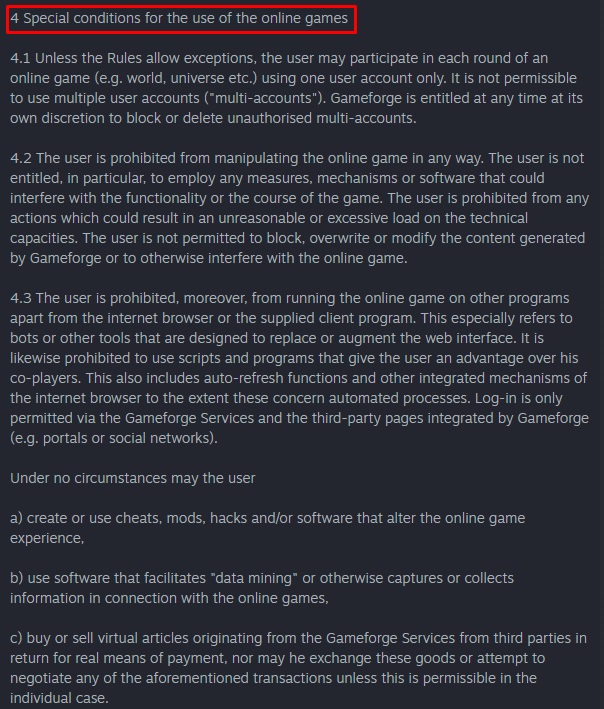 Gameforge Terms: Special conditions of use clause