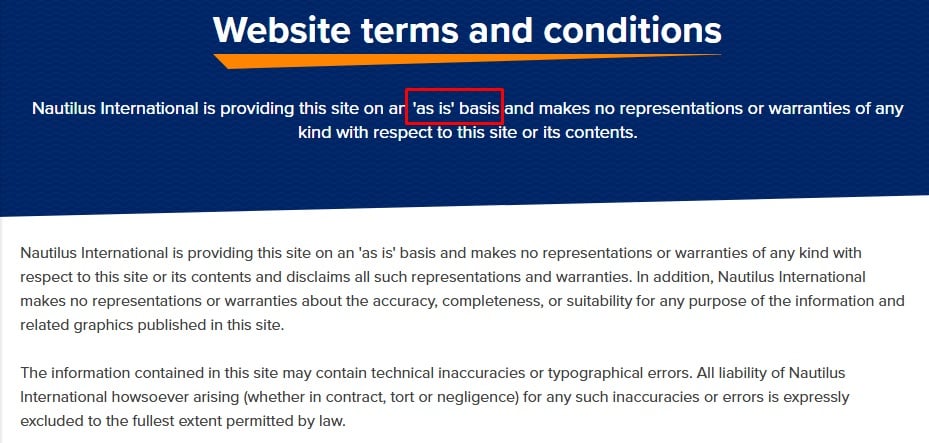 Nautilus Terms and Conditions As is section