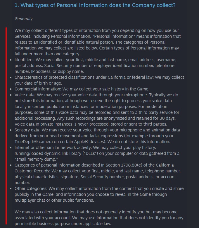 Rec Room Inc Terms of Service: Privacy clause