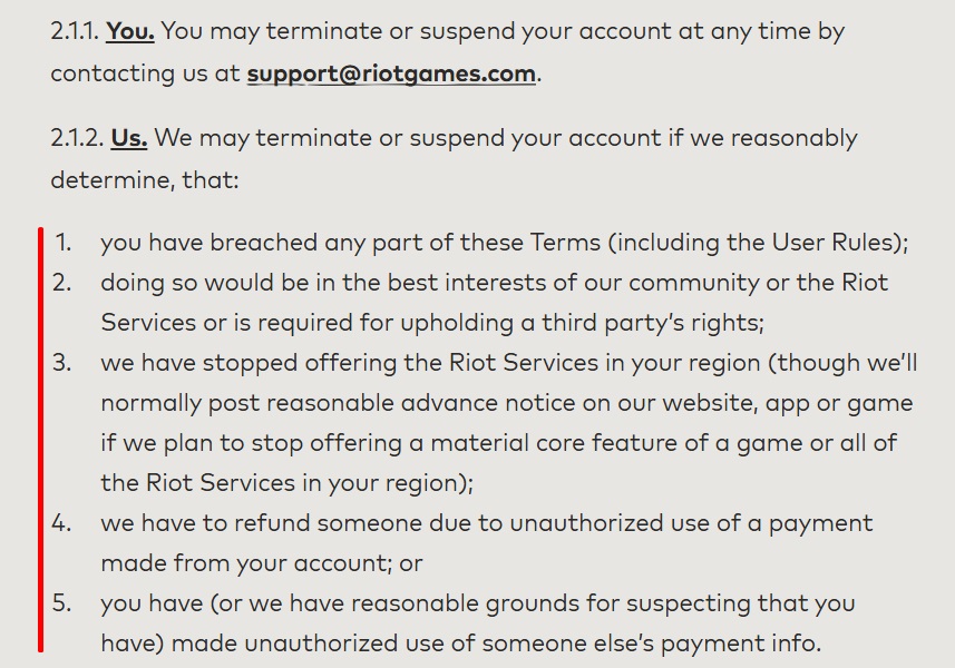 Riot Games Terms of Service: Termination clause