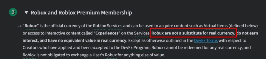 Roblox Terms of Use: Robux and Premium Membership clause