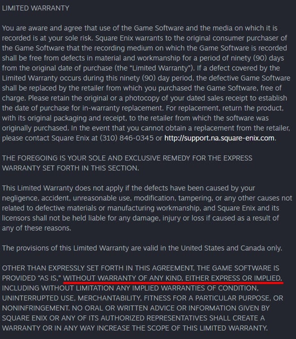 Square Enix EULA: Warranty disclaimer