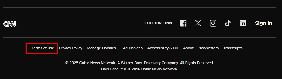CNN website footer Terms of Use link