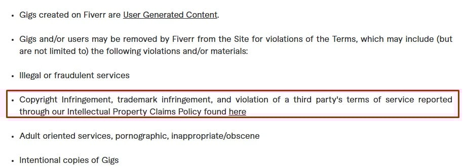 Fiverr Terms copyright infringement section