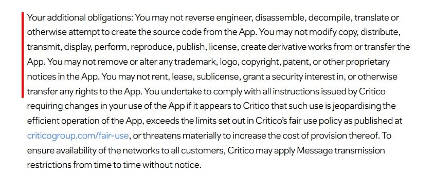 Critico Terms of Use for App example