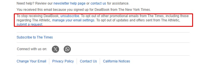 New York Times: Email Newsletter includes unsubscribe link