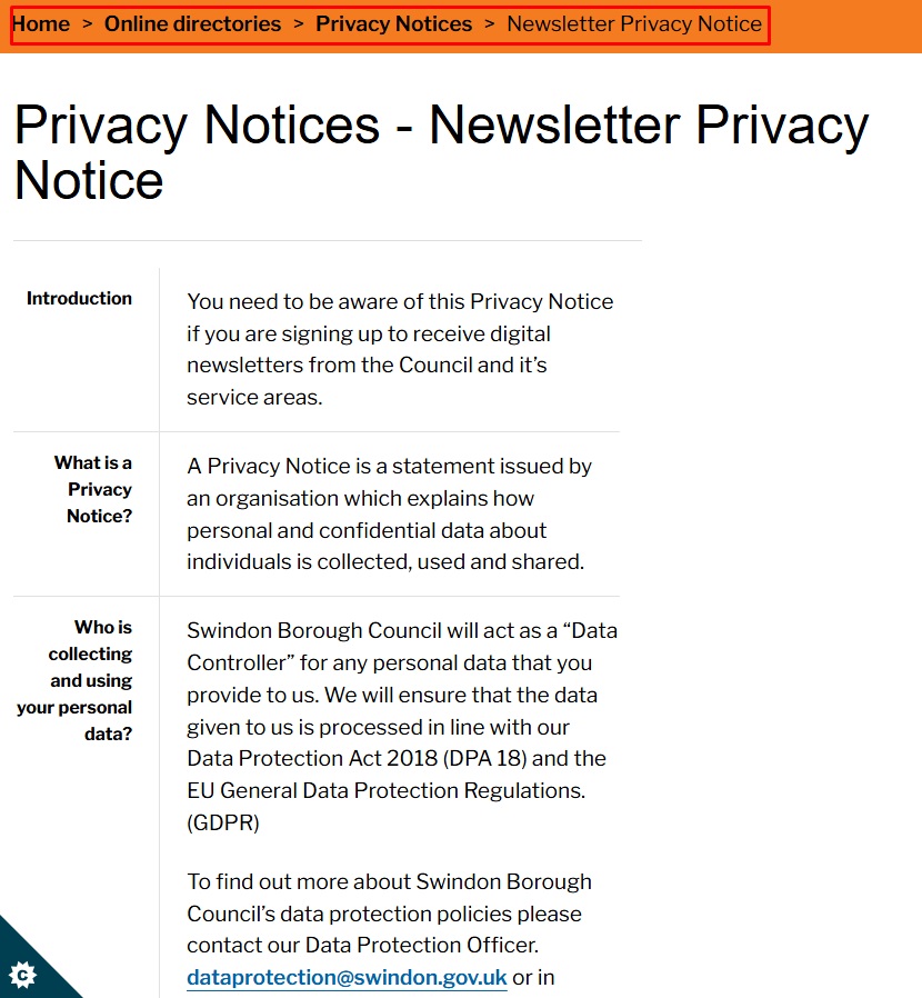 Swindon Borough Council: Newsletter Privacy Policy