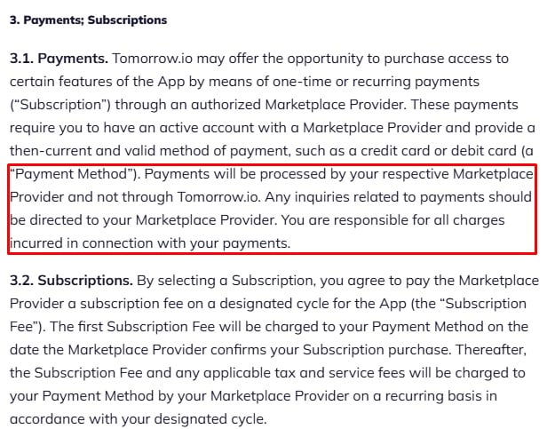 Tomorrow.io EULA: Payment method section