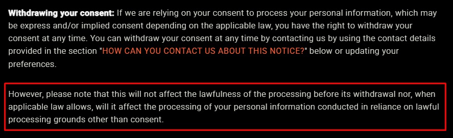 Extract from Admetrics' privacy policy explaining the implications of withdrawing consent