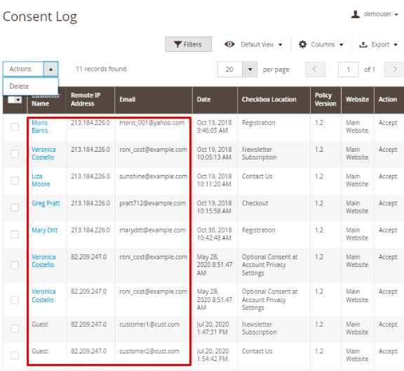Consent log example from Amasty