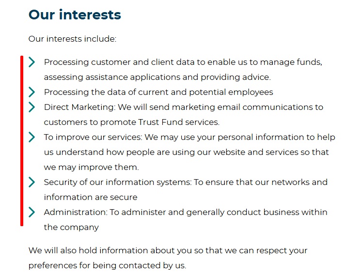 A screenshot showing examples of legitimate interests from the British Gas Energy Trust website