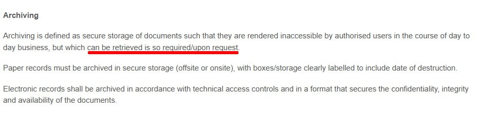 Extract from Civil Wills' policy detailing their data archiving process