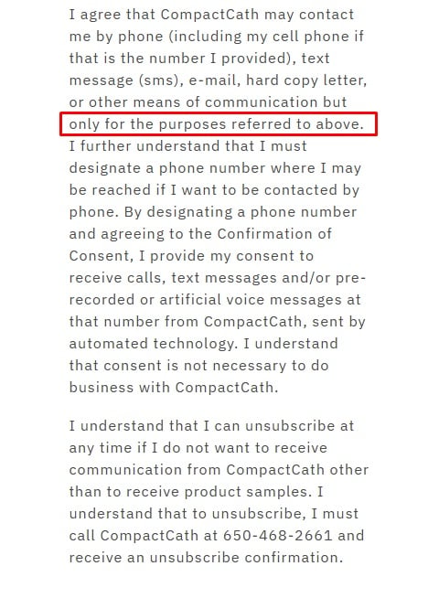 CompactCath SMS consent disclosure example