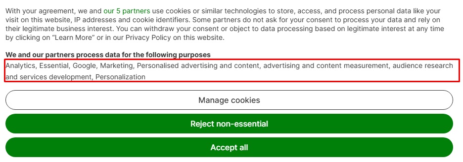 Ecosia cookie banner with accept and reject buttons