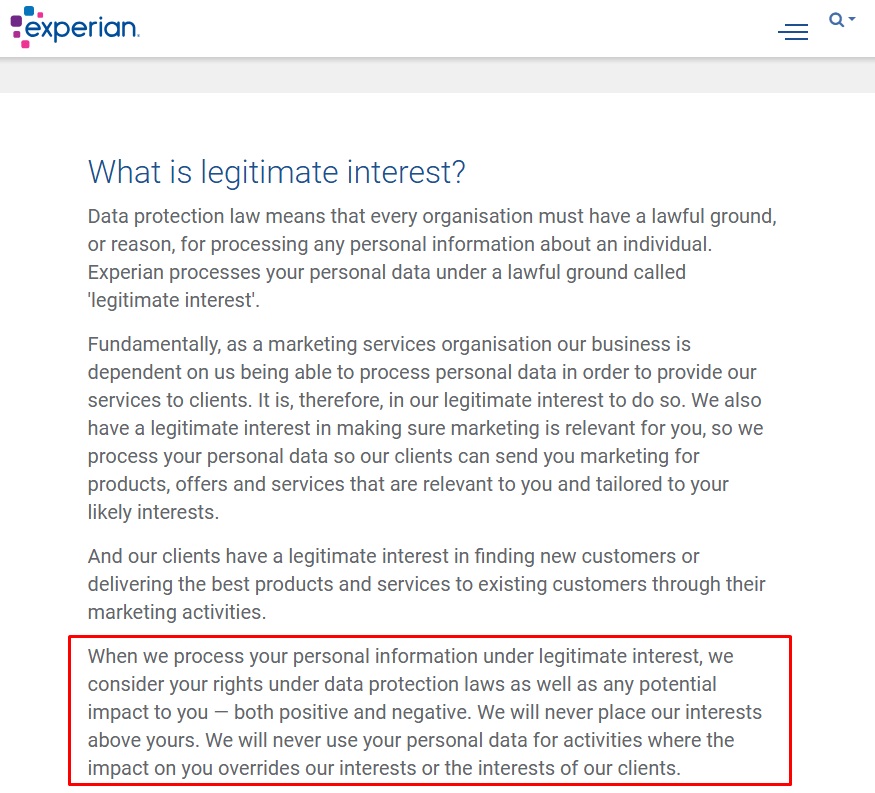 Experian webpage screenshot explaining its usage of the legitimate interests basis for data processing