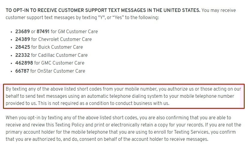 GM SMS opt-in consent example