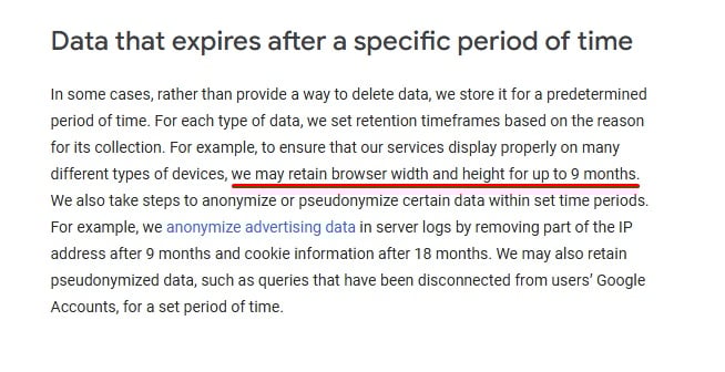 Snapshot of Google's specific examples of categorizing data retention