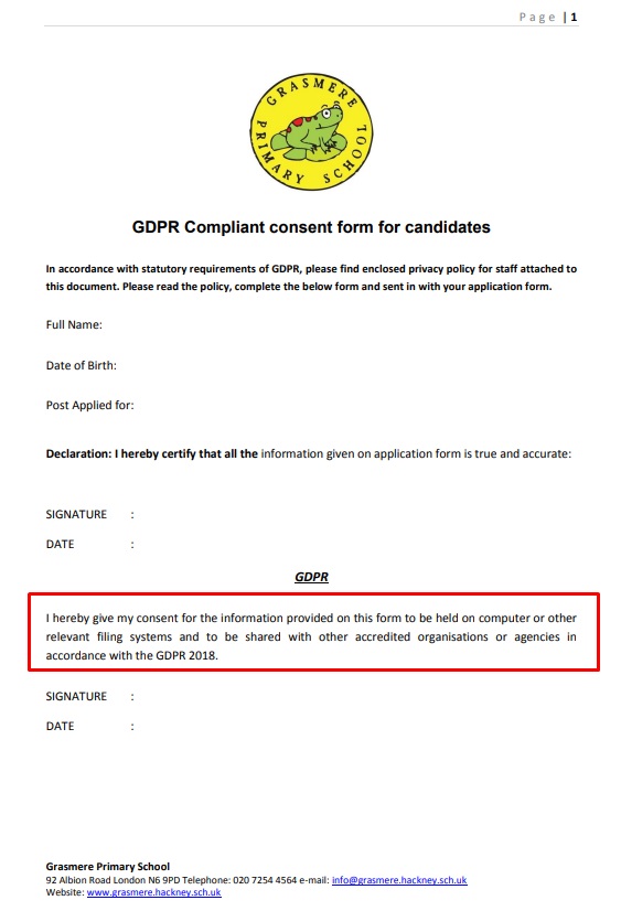 GDPR Consent form from Grasmere Primary School