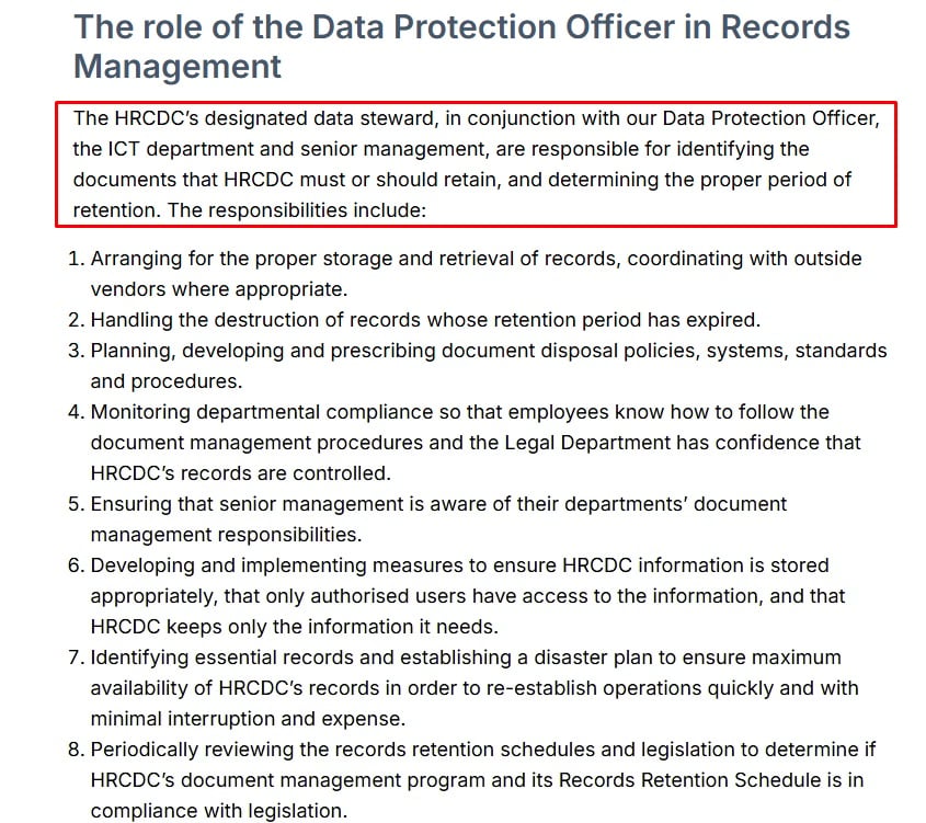 Part of HRCDC's policy detailing their authority hierarchy for data retention and destruction
