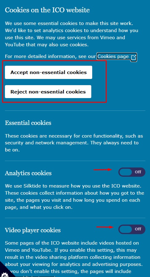 ICO cookie banner with granular cookie settings and reject option