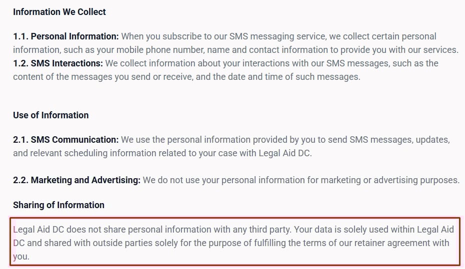 Legal Aid DC SMS-specific privacy policy example