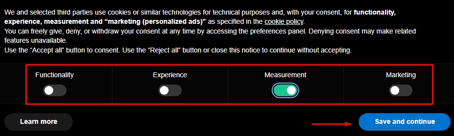 Linkbuilder cookie banner using toggle switches for consent