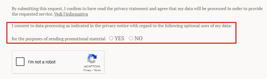 Nora Club Hotel and Spa website showcasing their consent request format for performing a specific data processing task