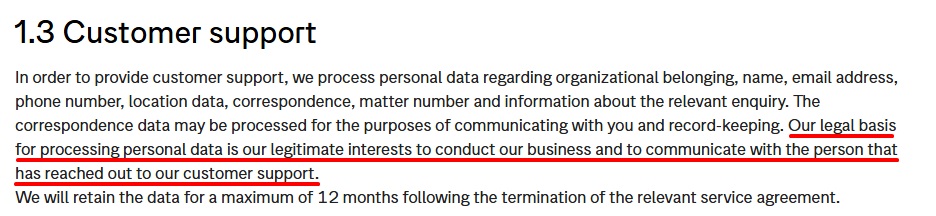 Normative AB's privacy policy example depicting how legitimate interests is being used as a legal basis for data processing