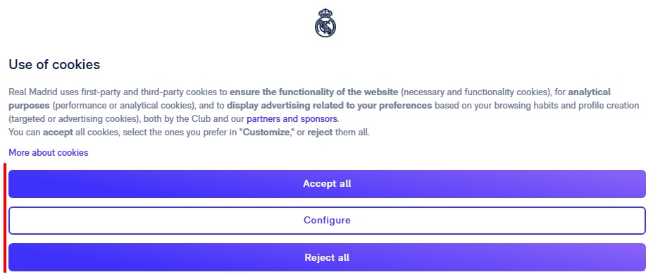 Real Madrid cookie banner with prominent reject button