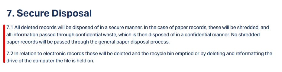 Extract from SOS Children's Villages' policy detailing their data deletion methods