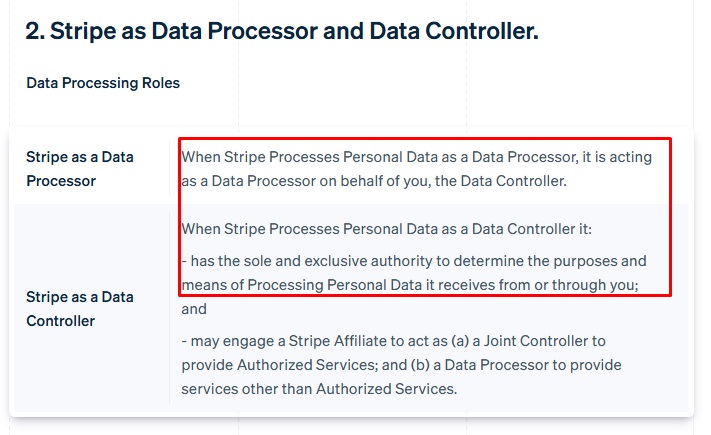 Stripe acts as Data Processor vs Data Controller section