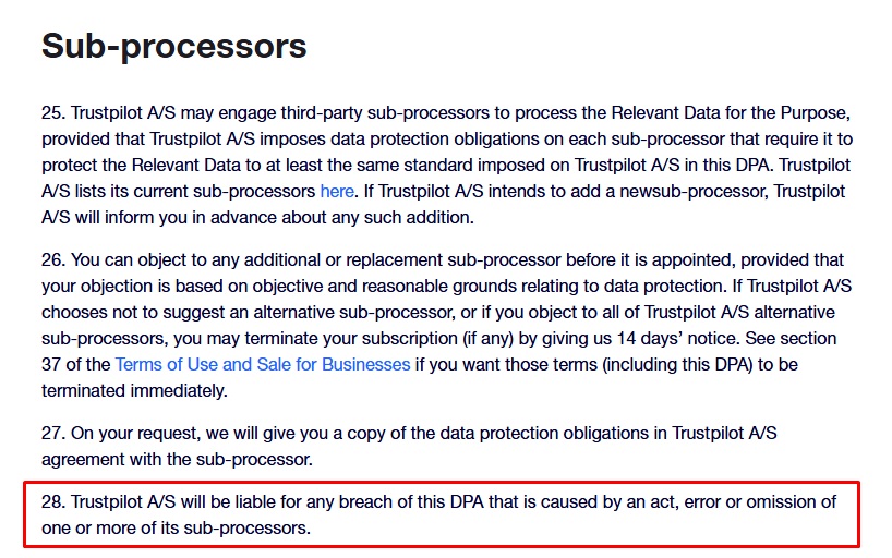 Trustpilot DPA Agreement: Trustpilot acts as a Data Processor