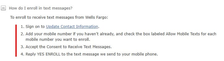 Wells Fargo multi-step SMS consent example