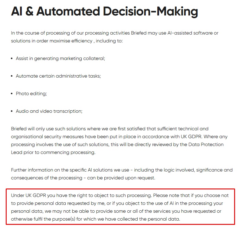 Briefed AI and Automated Decision Making: Opt-out of data usage