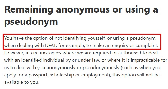Department of Foreign Affairs and Trade: You can remain anonymous