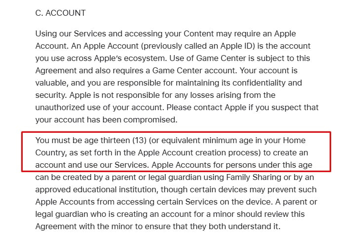 Apple Legal Policies: Minimum age of 13 to create an account