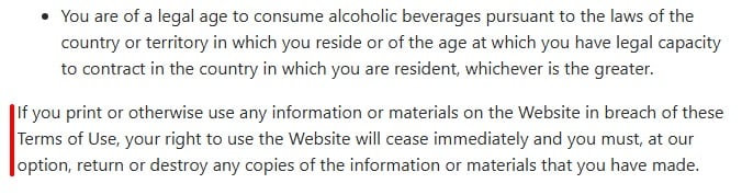 Brown Forman - Terms and Conditions - Use of Information - Legal Age Requirement excerpt