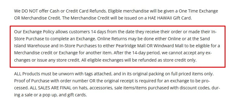 HAE Hawaii Return Policy of 14 days