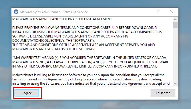 Malwarebytes: EULA with Agree button highlighted