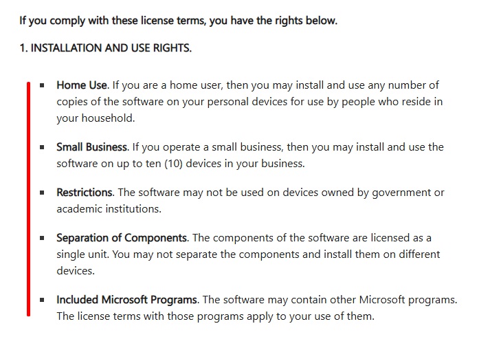 Microsoft Software License Terms - Installation and Use Rights clause